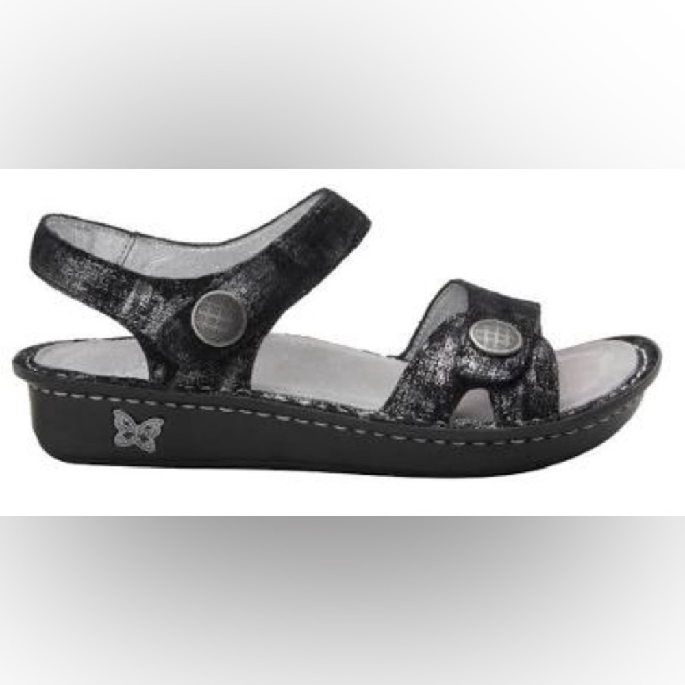 Alegria Sz 9 Vienna Smolder Women's Adjustable Silver Metallic Leather Sandals